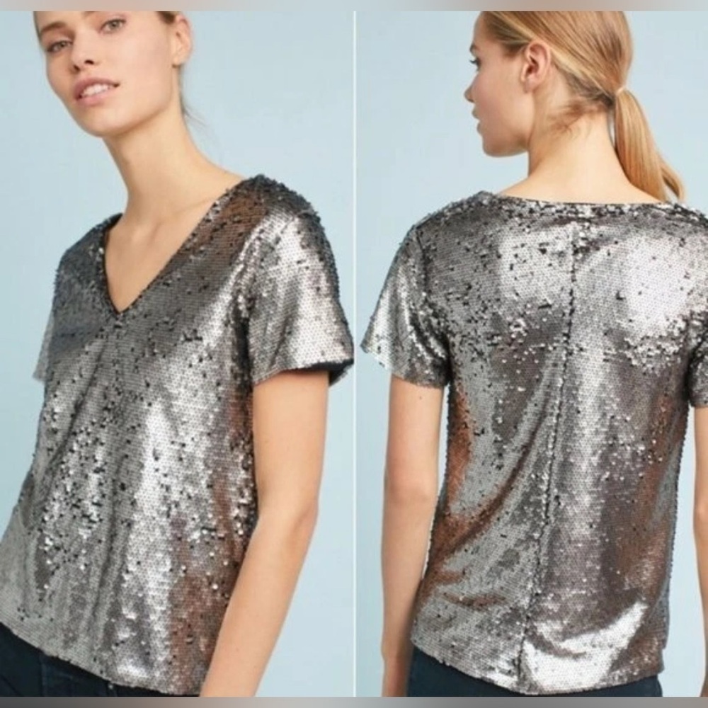 Anthropologie Vanessa Virginia Top Womens S Sequin V Neck Silver Black